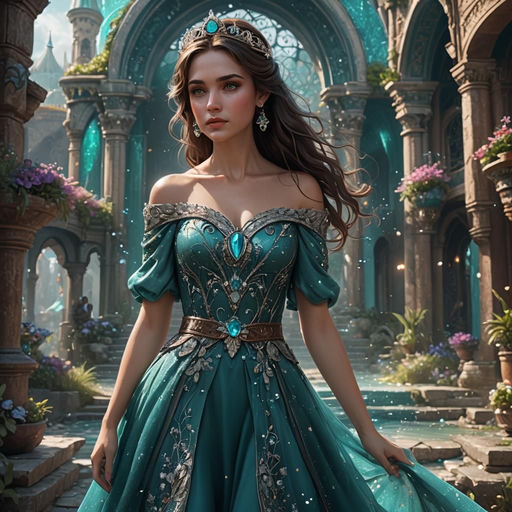 Fantasy Princess with Teal Dress, Digital Art