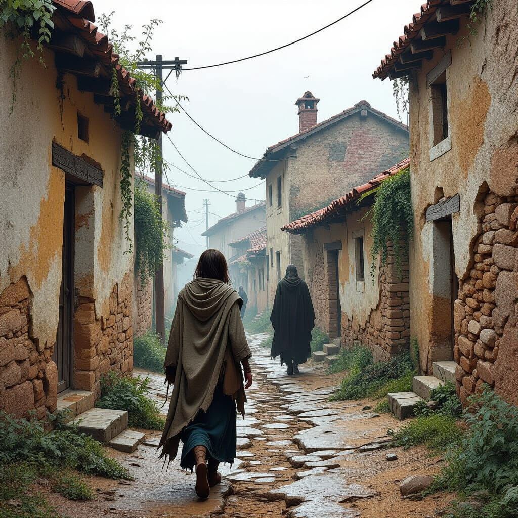 Woman Follows Figure Through Dilapidated Village, Cyberpunk ...