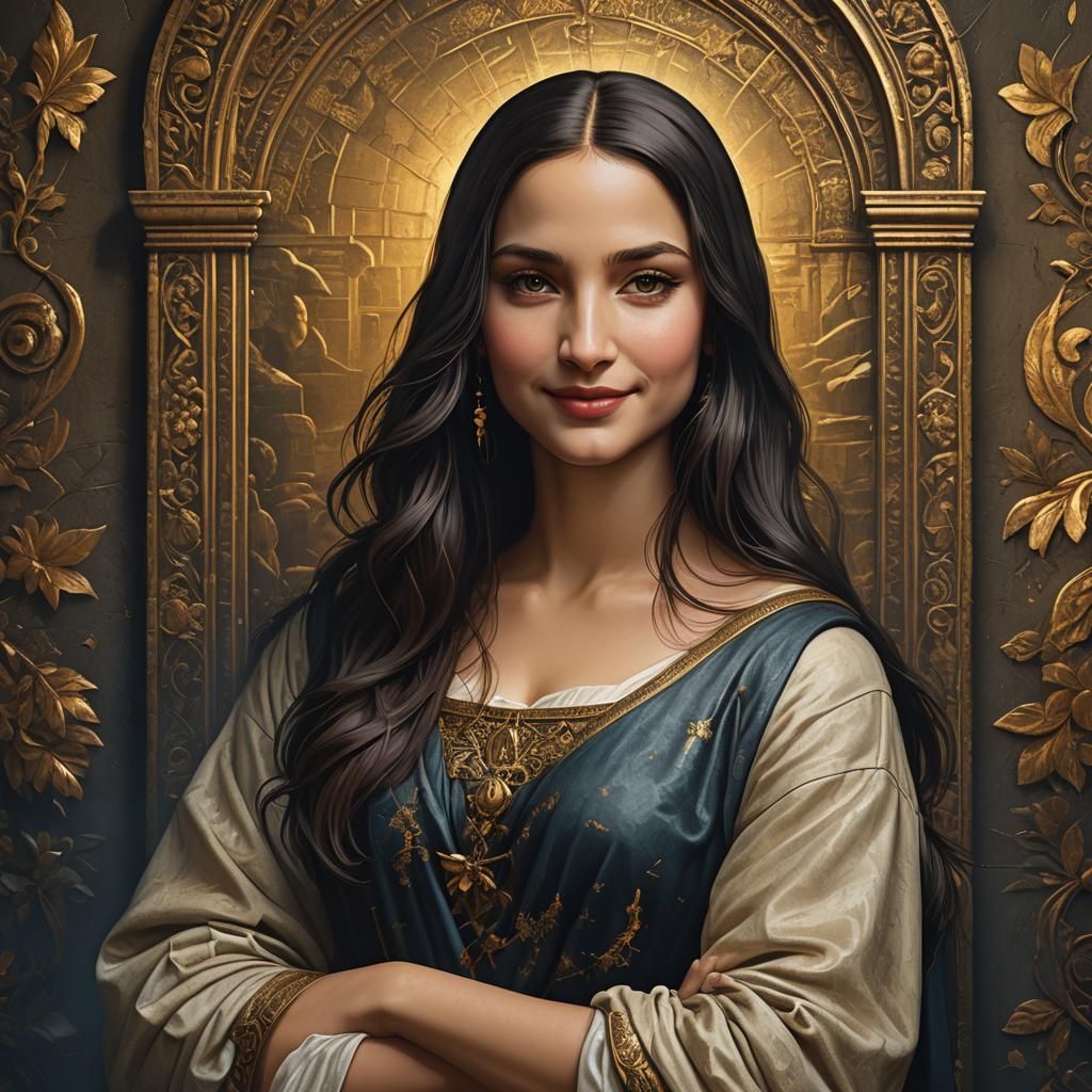 Young Girl Posing as Mona Lisa, Detailed Matte Painting