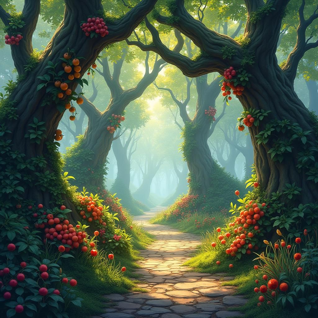 Luminescent Fruit on Forest Path: Fantasy Concept Art