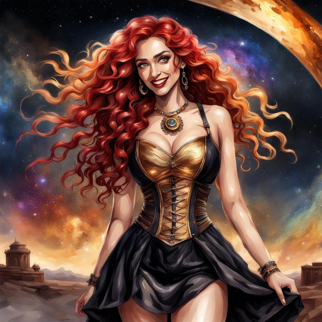 Radiant Latina in Digital Watercolor Under Starry Sky