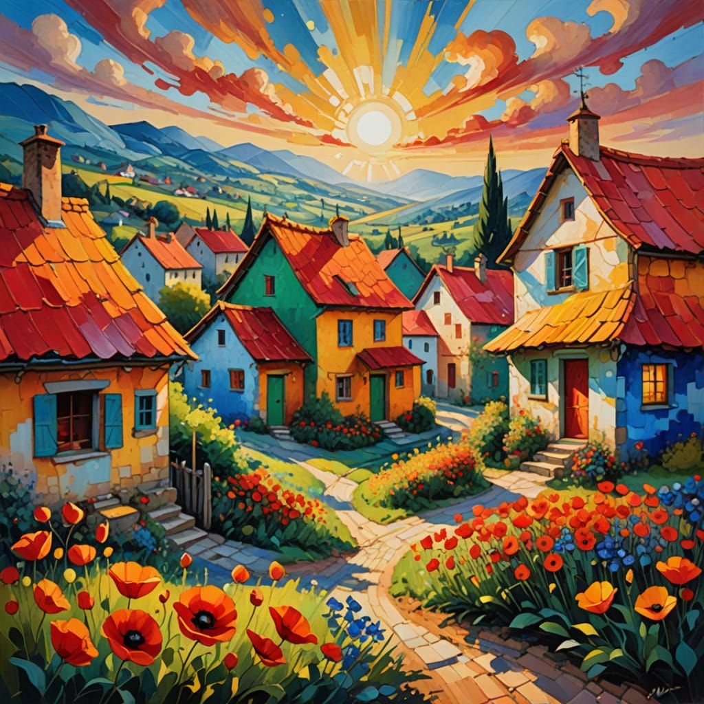 Colorful Village Street Scene in Expressionist Oil Painting