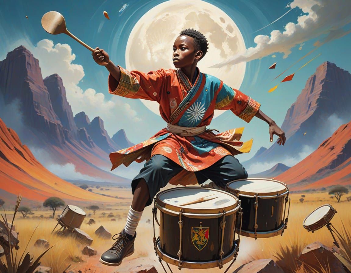 Young African Drummer Boy Leaps into Action in Vibrant Savan...