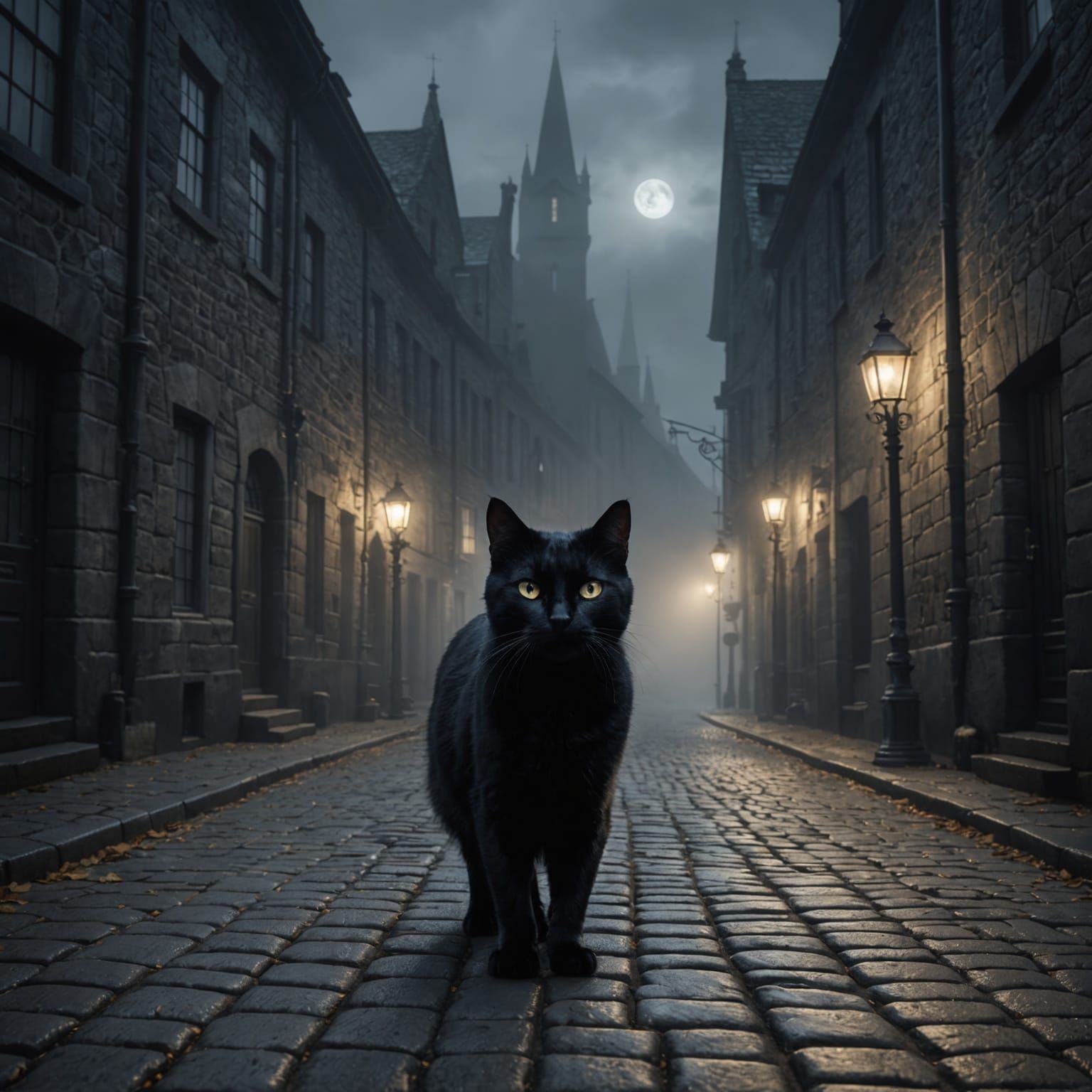 Eerie Black Cat on Foggy Street in Dore Style