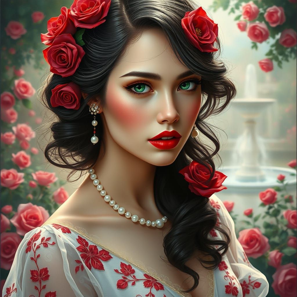 An airbrush oil painting of a woman with emerald-green eyes ...