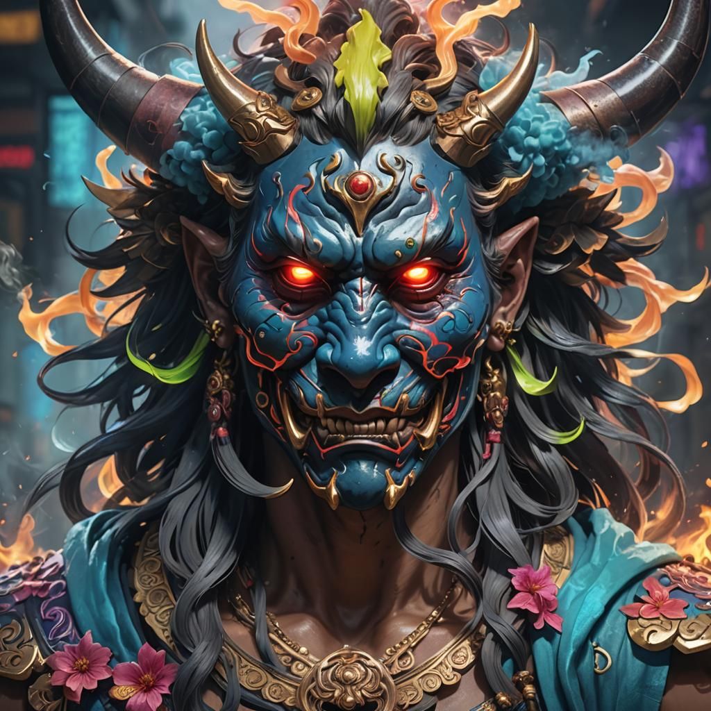 Neon Oni Mask Portrait in Hyperdetailed Style