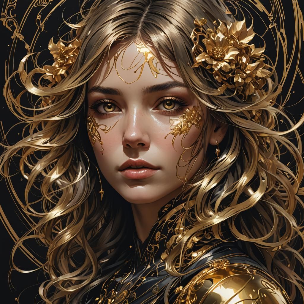 Gold Line Portrait on Black in Art Nouveau Style