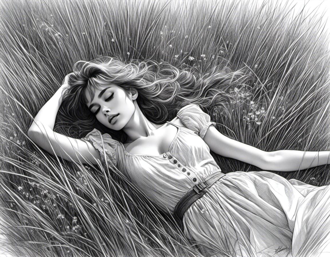 Cute Girl Skygazing: Detailed Sketch Portrait