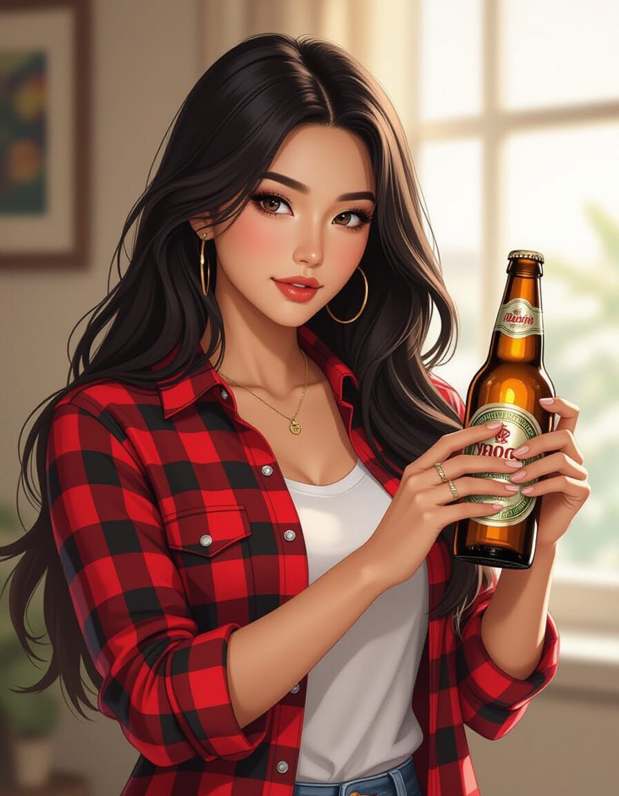 Asian Woman Opens Beer Bottle in Dynamic Comic Style