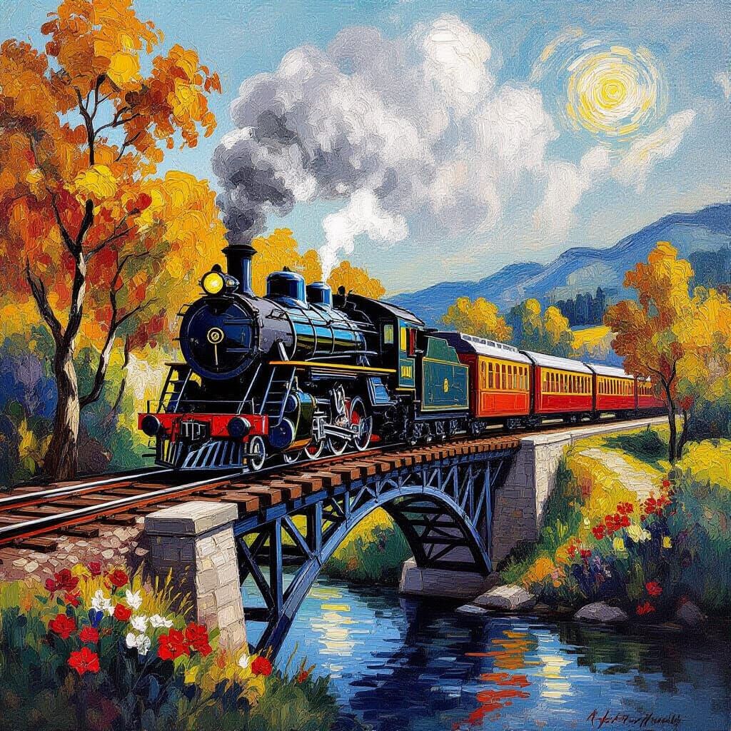 Expressive Oil Painting: Steam Train on Atmospheric Bridge