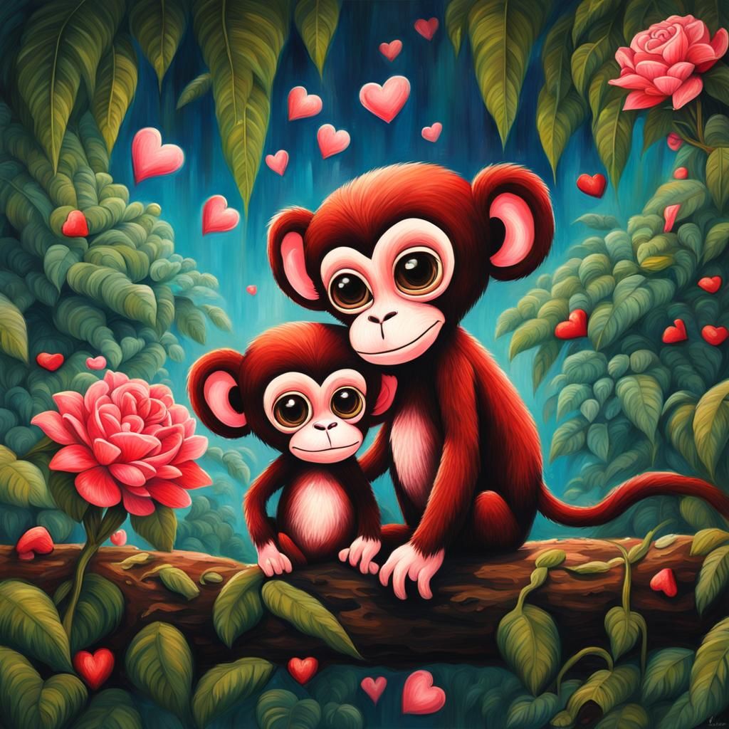 Adorable Monkeys in Jungle with Falling Hearts