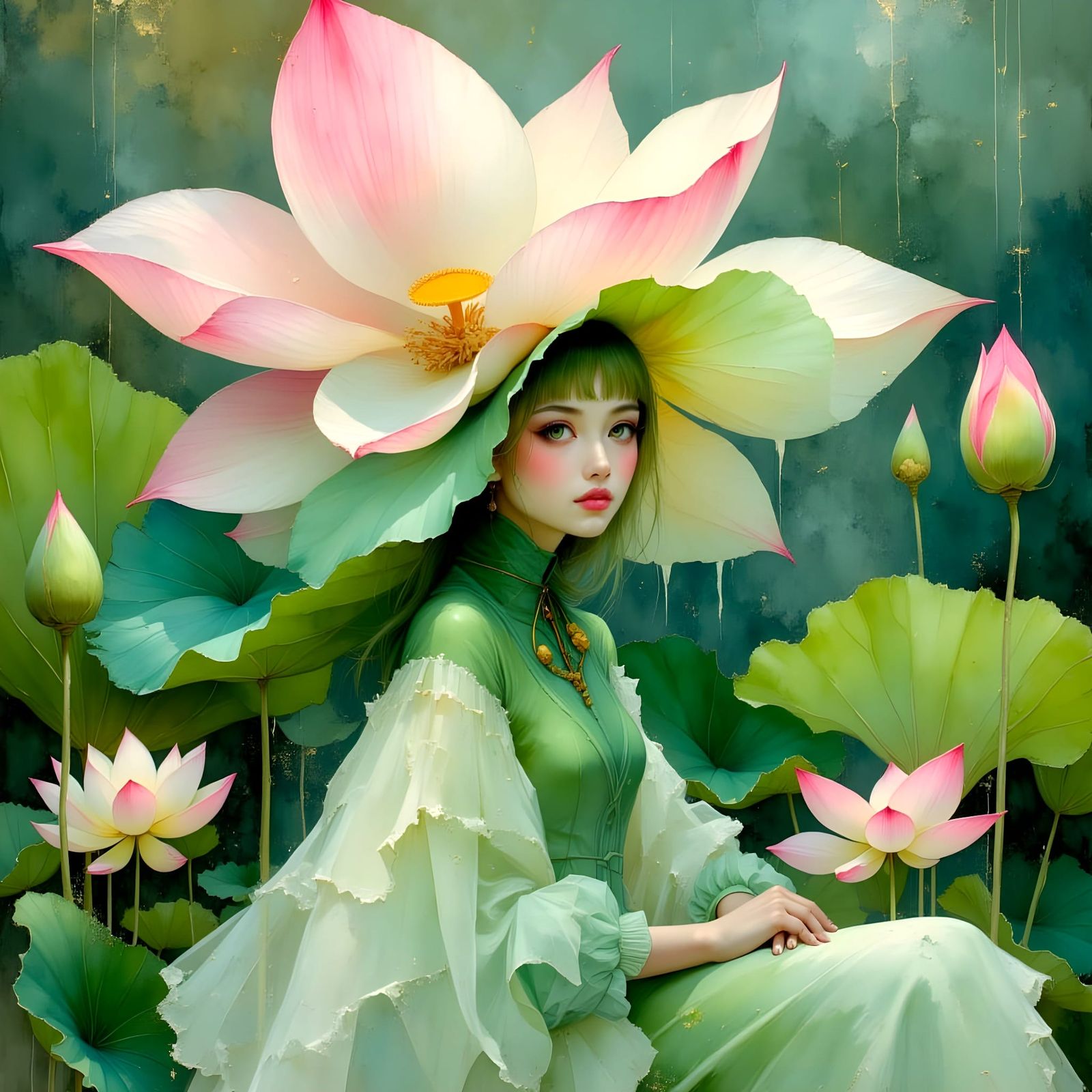 Delicate Lotus Guardian in Misty Watercolour Style