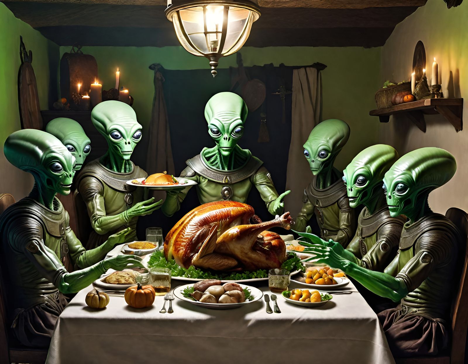 Aliens Offer Turkey to Pilgrims: Thanksgiving Scene