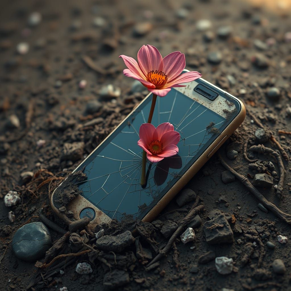 Phone Replaced by Blooming Flower in Dreamlike Landscape