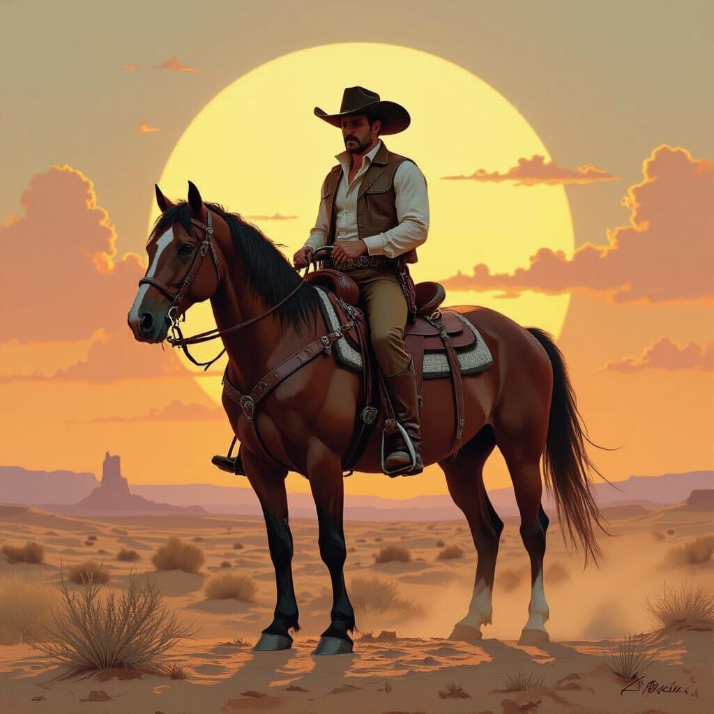 Cowboy on Horse in Desert Sunset, Frazetta & Beksiński Style