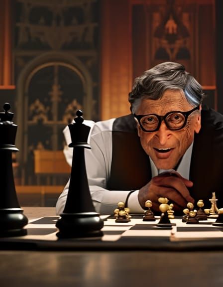 Demonic Bill Gates Smiles as Chess King Burns