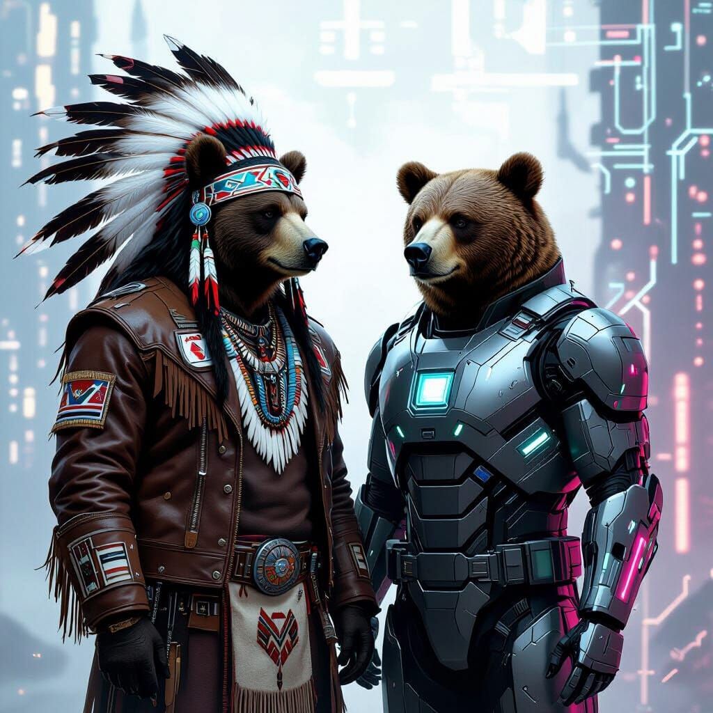 Native American Bear Warrior Meets Cyberpunk President Bear