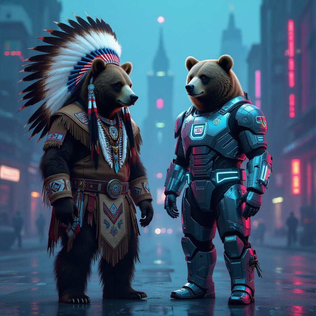 Native American Warrior Bears in Cyberpunk Cityscape