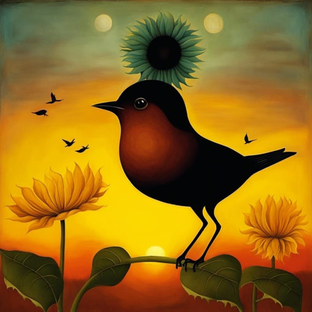 Sunflower and Bird at Sunset Illustration