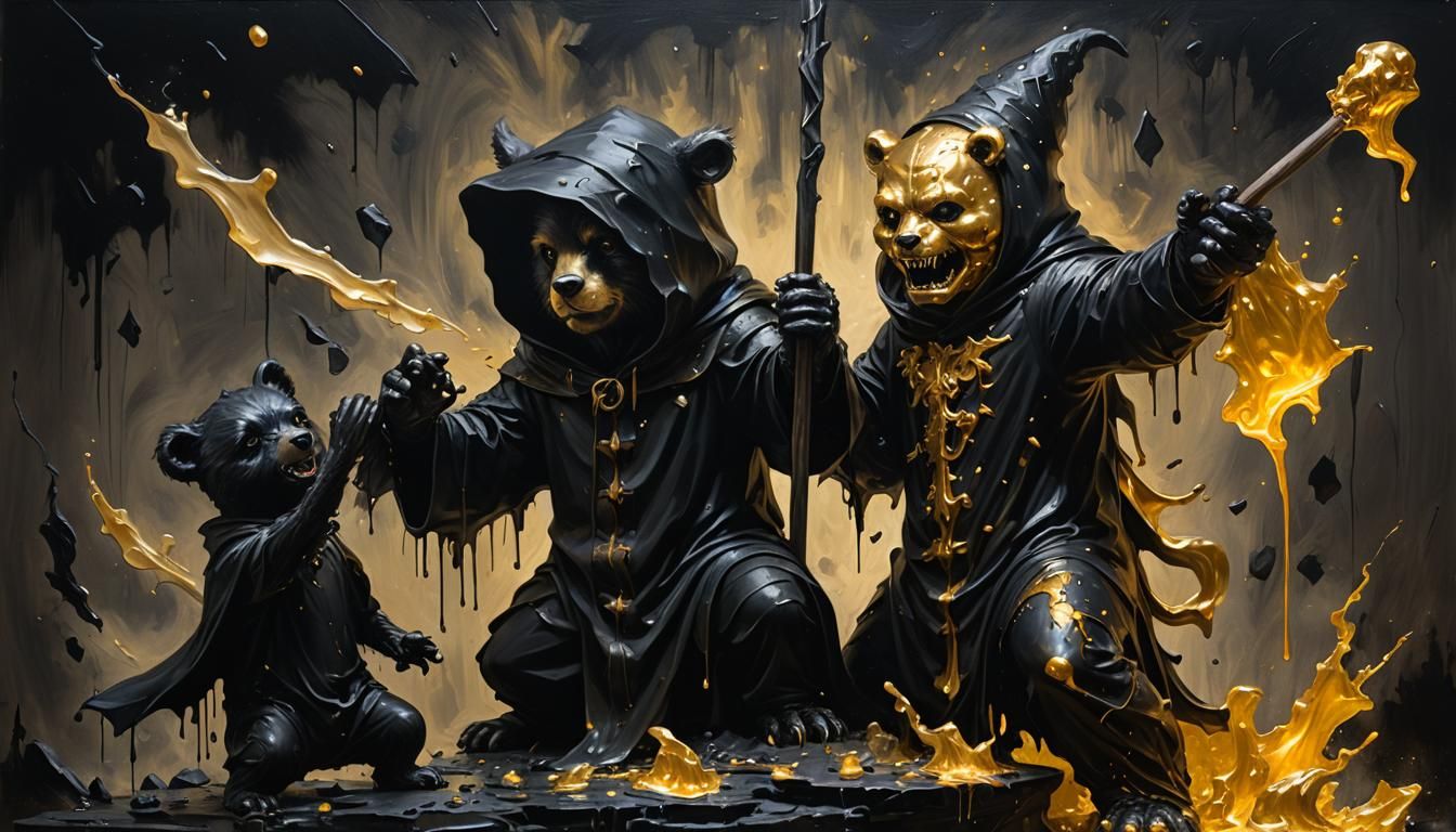 painting on an easel, a pitch black 
gummy bear wizard battl...