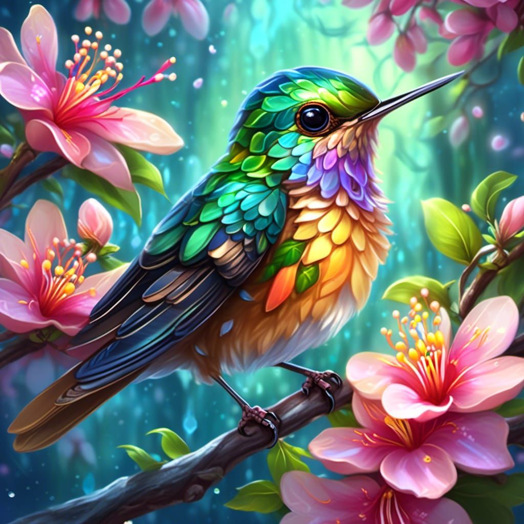 Luminous Hummingbird with Filigree Wings in Bloom