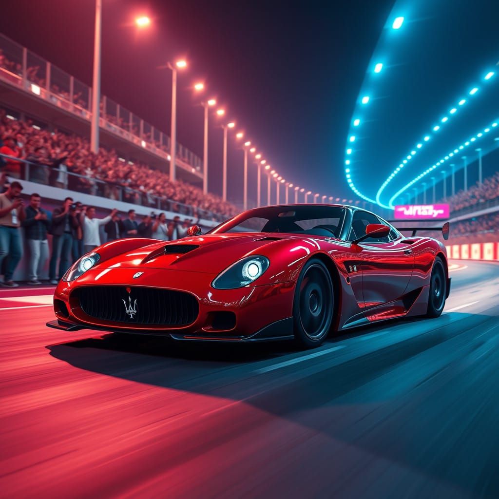Sleek Red Supercar Dominates Floodlit Race Track