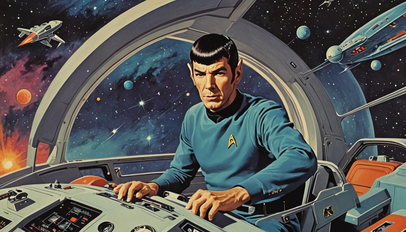 Spock Piloting Spaceship in Retro Sci-Fi Style
