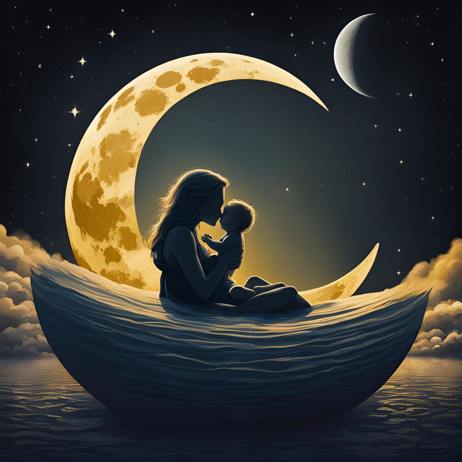 Mother and Baby Bathing Inside the Moon