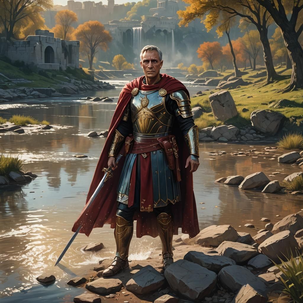 Julius Caesar at Rubicon with Drones: Hyperrealistic Art