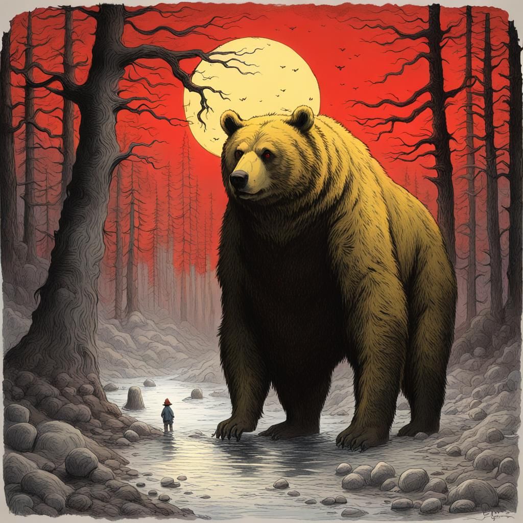 Giant Yellow Bear in Creepy Pastel Forest