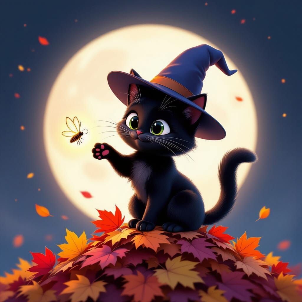 Cute Cartoon Cat Wizard Batting Firefly Under Full Moon