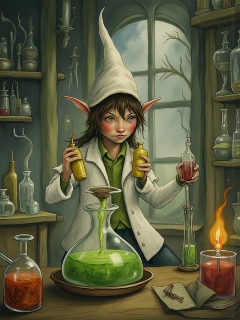 Elf Alchemist Testing Potions in Enchanted Lab