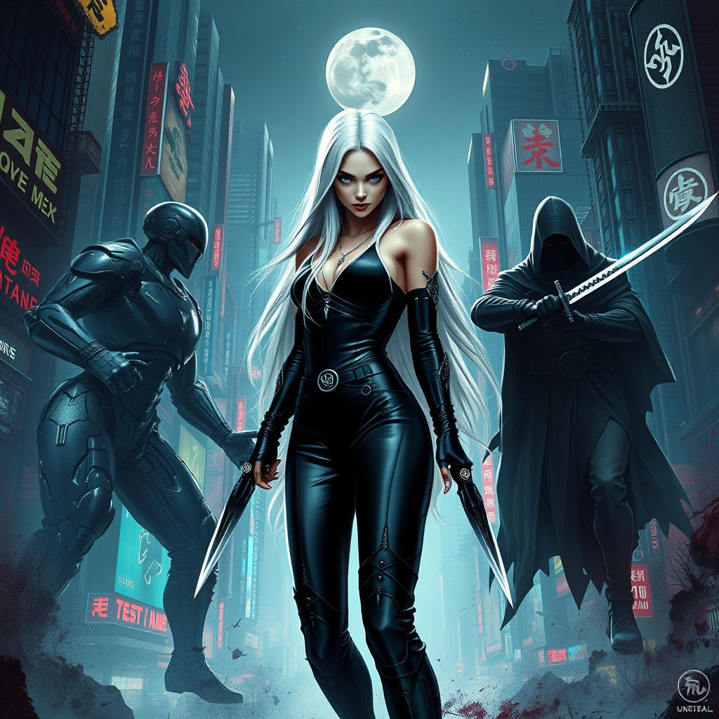 Girl Assassin in Dystopian Cityscape