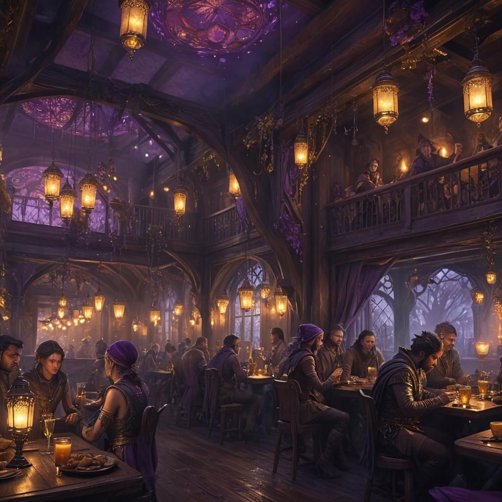 Elves Partying in Fantasy Tavern, Art Nouveau Style