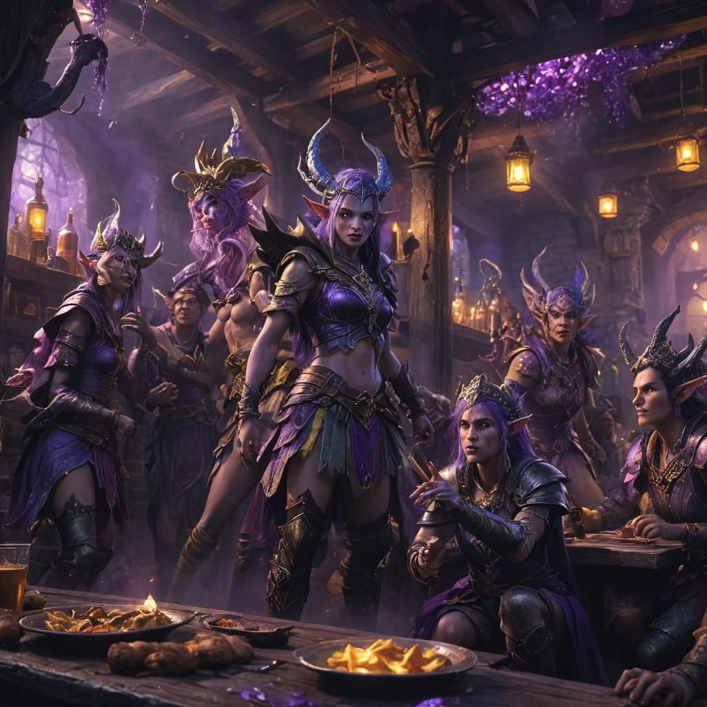 Elves Partying in Fantasy Tavern, Art Nouveau Style