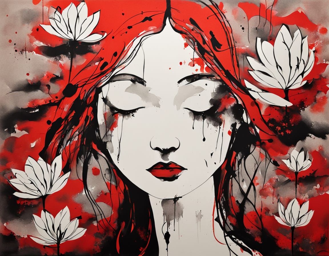 Expressionist Ink Sketch of a Dissolving Lotus Flower