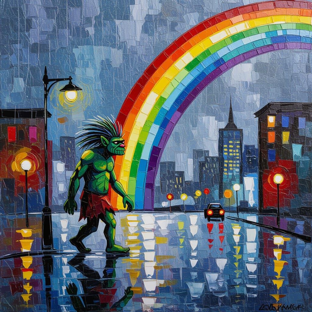 Troll in Downpour with Rainbow, Abstract Palette Knife Paint...