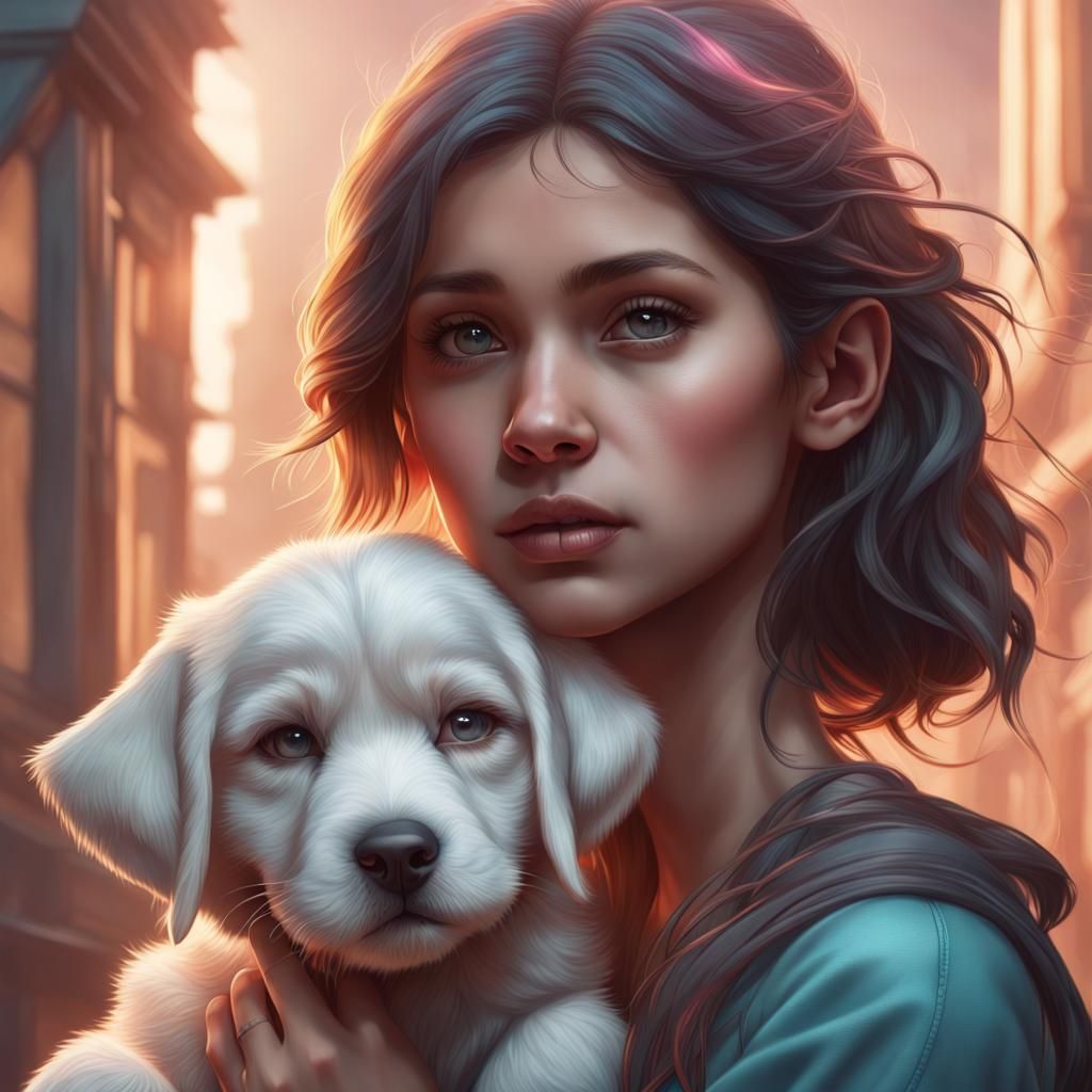 Girl with Puppy: Hyperdetailed Art Nouveau Portrait