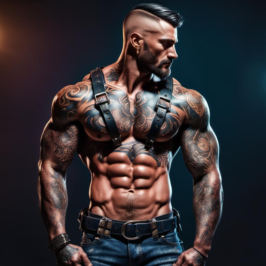 Tattooed Torso in Chrome Harness, Hyper-Realistic Illustrati...