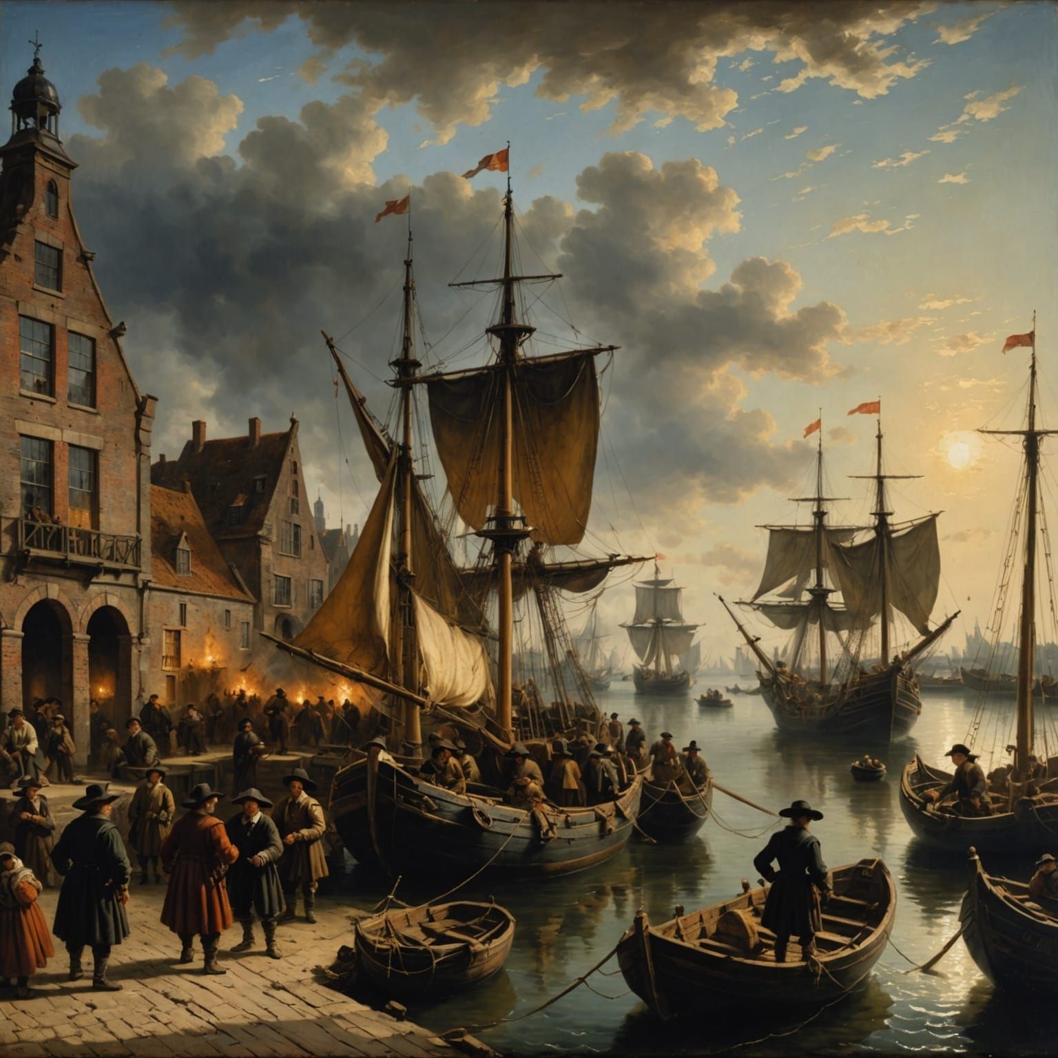 Dutch Harbour at Night in Oil Painting Style