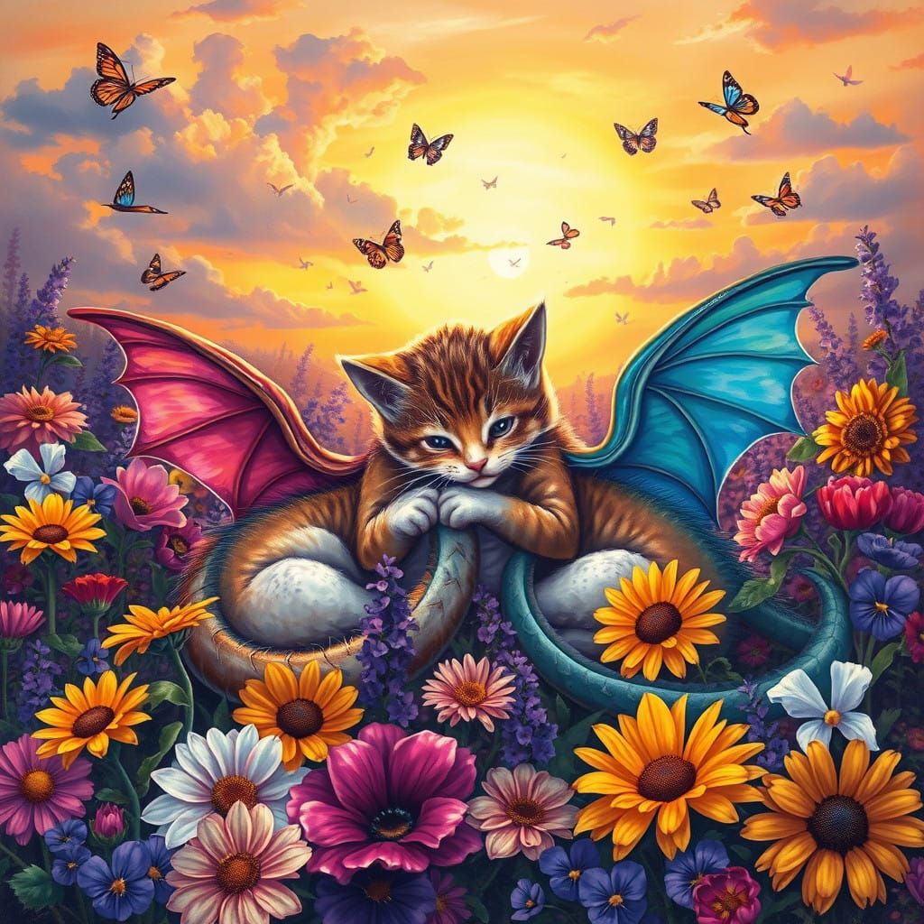 Surreal Whimsy: Kitten-Dragons Dance Amidst Vibrant Flowers