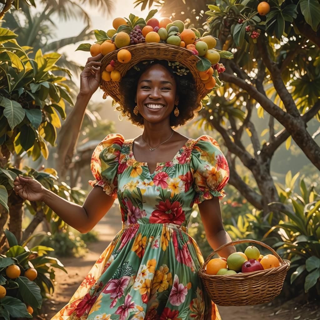 Caribbean Woman Balancing Fruit Basket in Golden Light