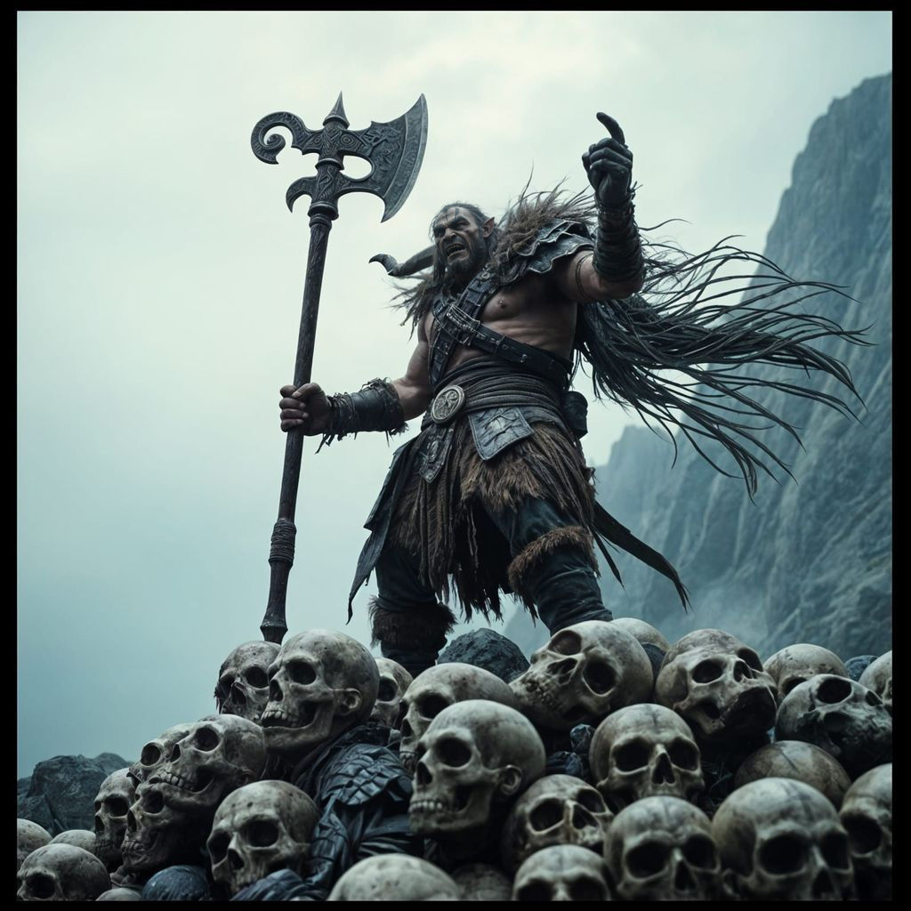 Orc Warrior on Mountain of Skulls: Cinematic Film Still