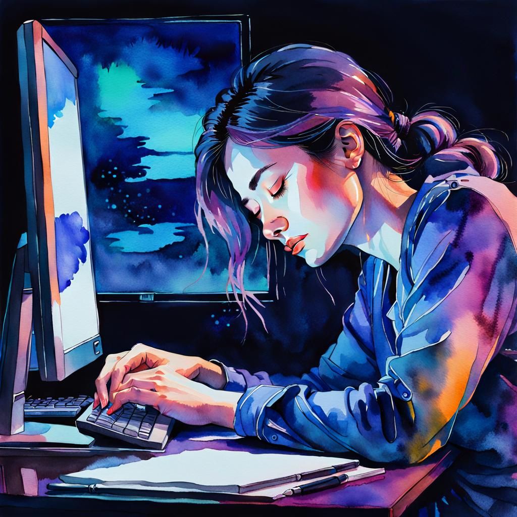 Dreamy Watercolor Portrait of Woman Sleeping at Desk