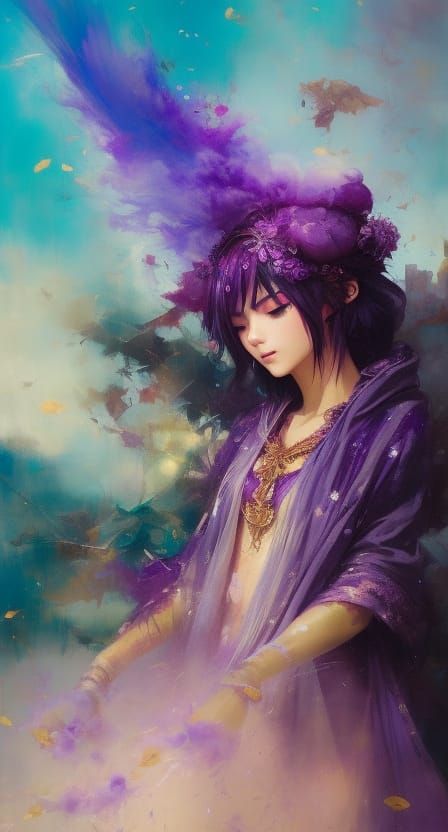 Beautiful Mage in Purple Robes as Oil Painting