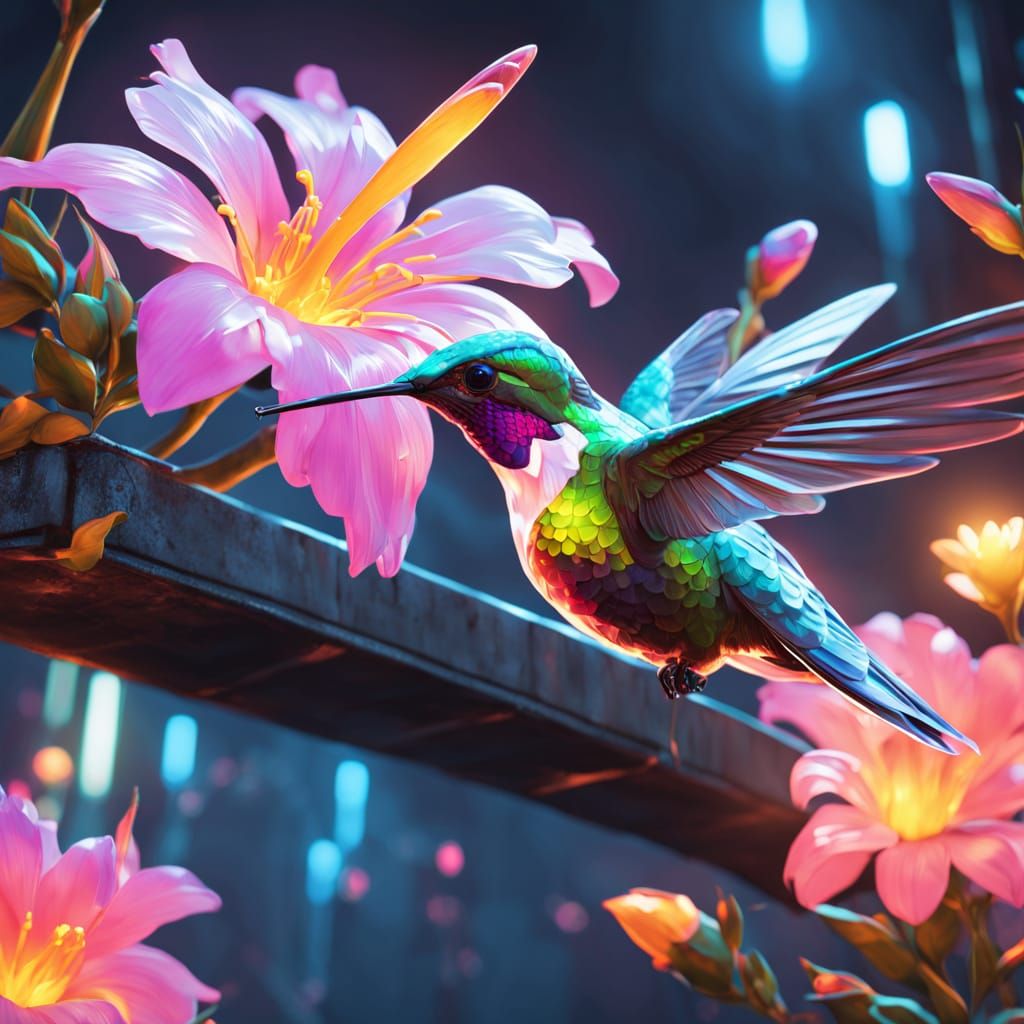 Glowing Hummingbird Sips Nectar in Futuristic Garden