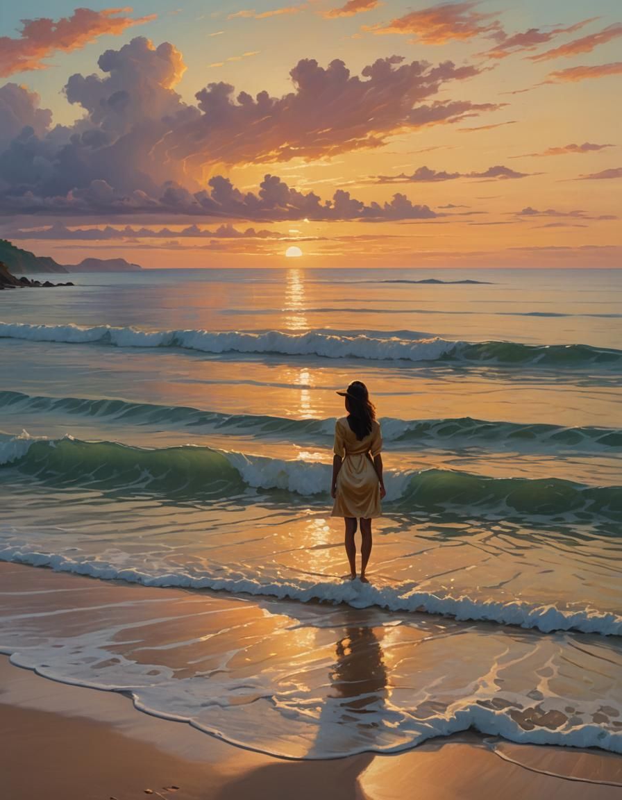 Tropical Island Sunset with Woman in Painterly Surrealism