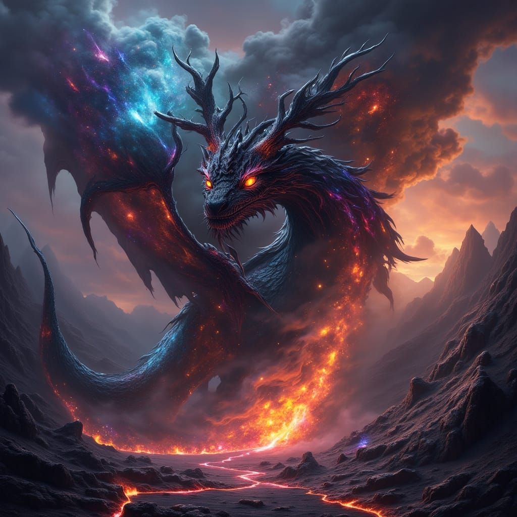 Black Dragon Emerges from Volcano: Fantasy Art