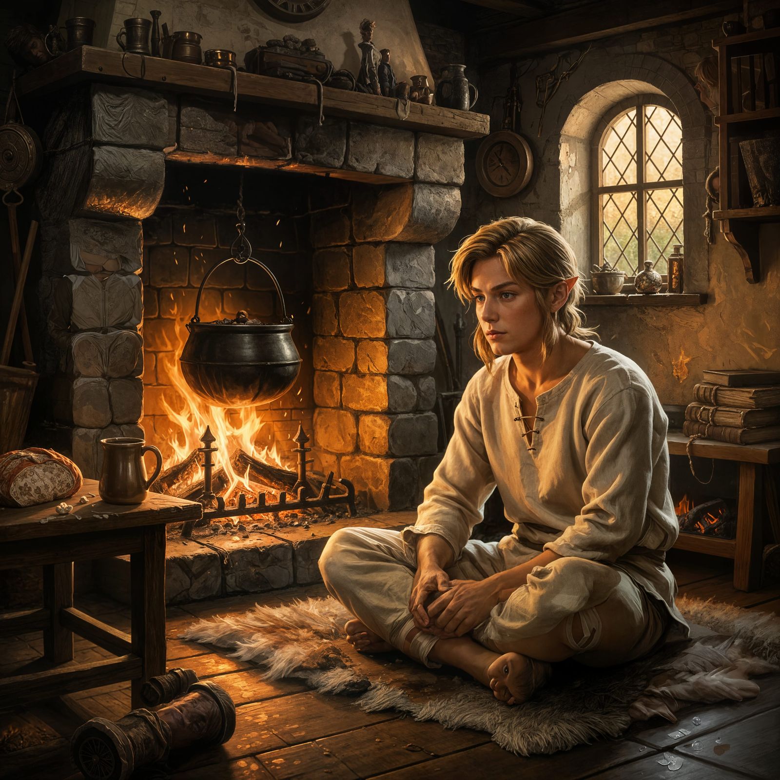 Link Rests by Fireplace After Battle