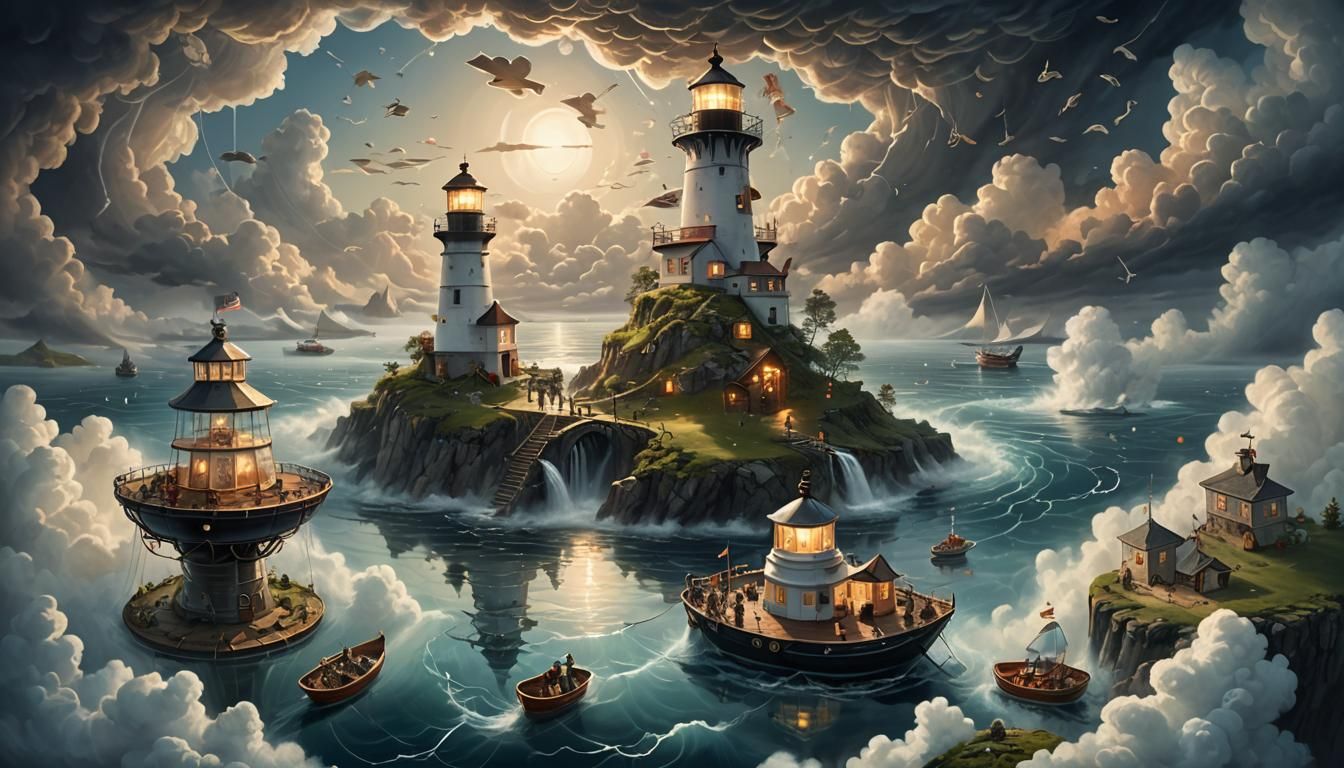 Lighthouse, Tea Party, Stormy Harbor: Fantastical Landscape